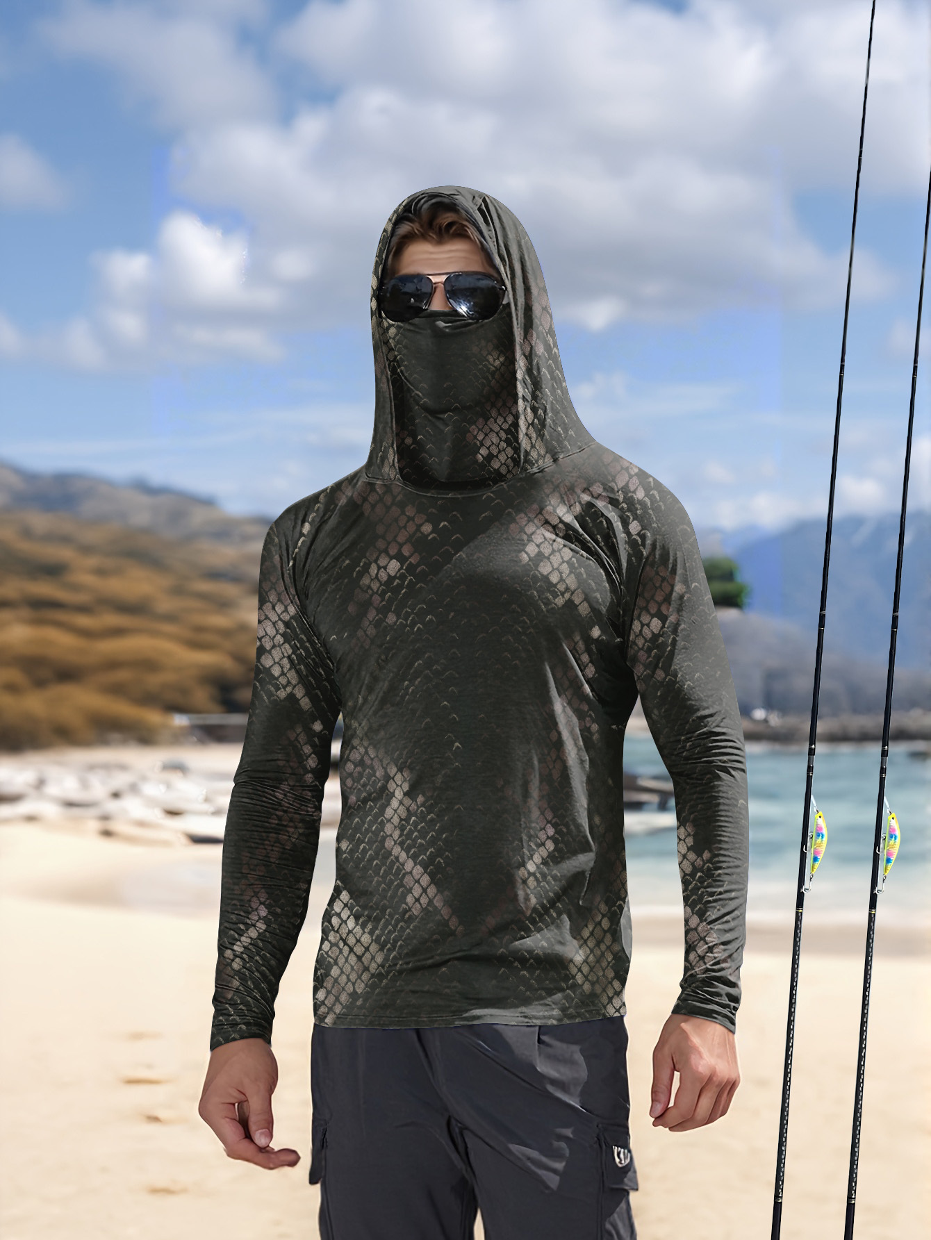 Fishing Hoodie - メンズフィッシングフード付き長袖迷彩柄日焼け止め通気性UVカット軽量吸汗速乾フィッシングシャツ