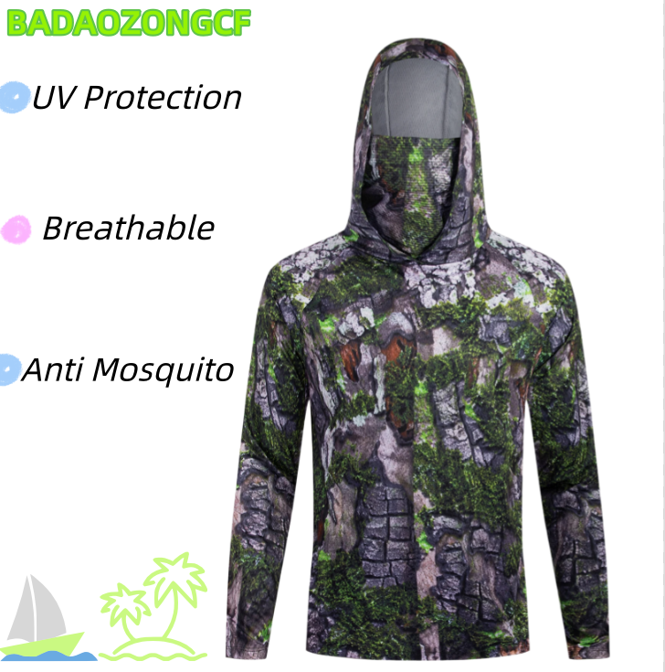 Fishing Shirt Uv Protection - 釣り用フード付きシャツ メンズ UVカット 長袖スウェットシャツ 通気性 防蚊